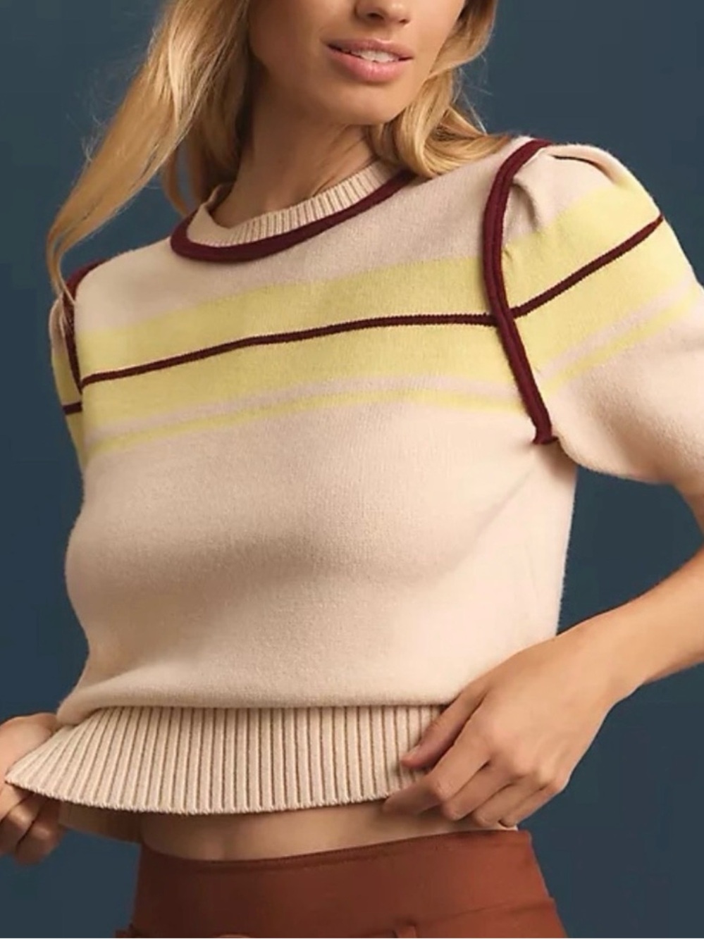 Anthropologie Cream Short-Sleeve Crewneck Sweater with Yellow & Burgundy Stripes
